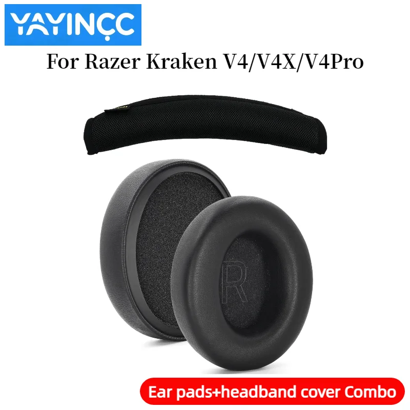 YAYINCC استبدال شبكة/بروتين الجلد بطانة للأذن + سستة عقال غطاء كومبو لسماعات Razer Kraken V4/V4X/V4Pro/Kitty V2 Pro