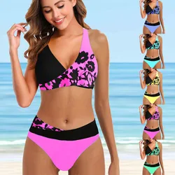 Novo 2022 mulheres sexy tamanho grande duas peças floral impressão bikini conjunto 2022 feminino splicing maiô biquini brasileiro verão