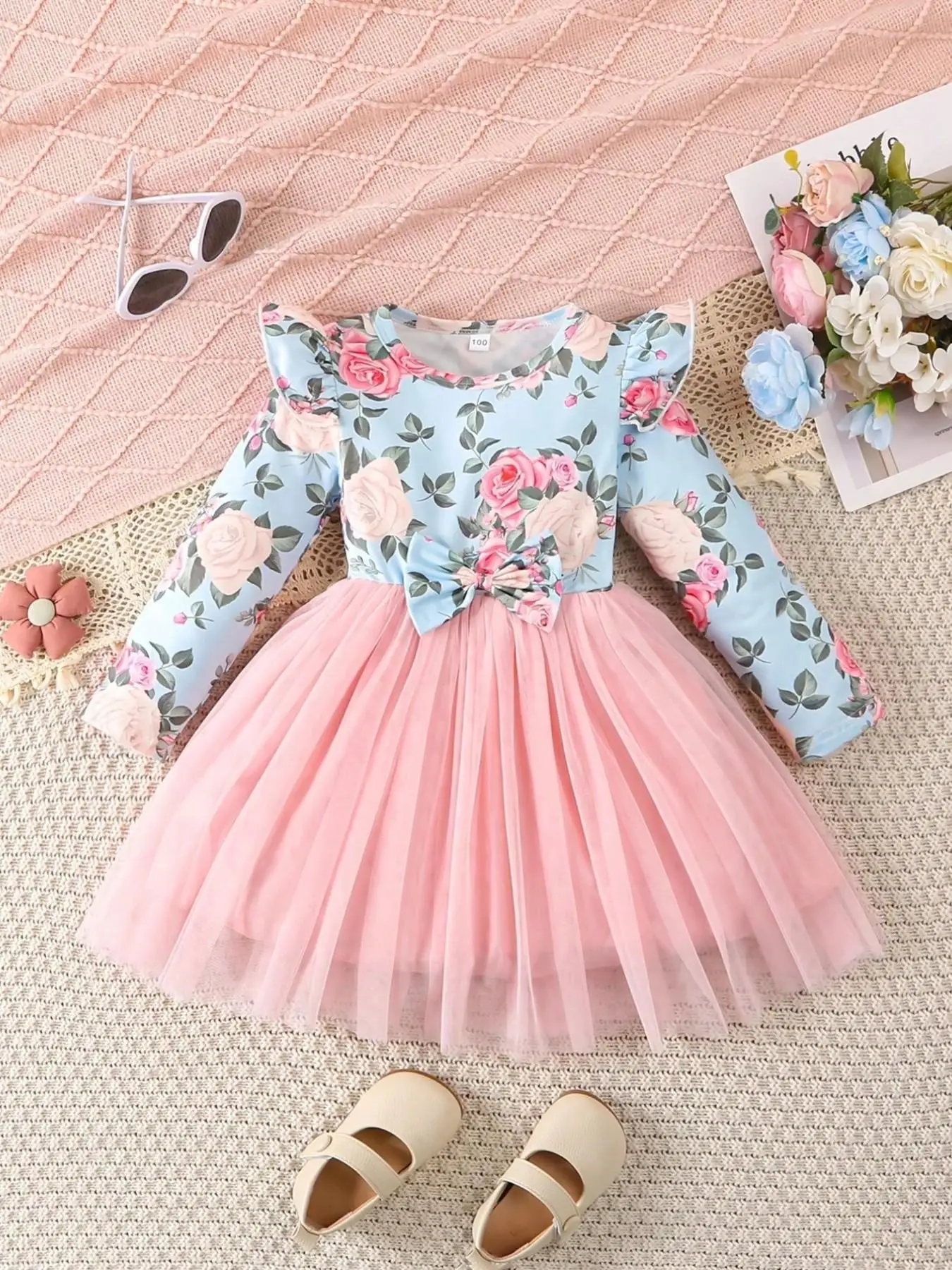 Robe tutu vintage à fleurs pour enfants, haut bleu clair à manches longues avec jupe en tulle, grand nœud à la taille, coupe confortable, parfaite pour le quotidien