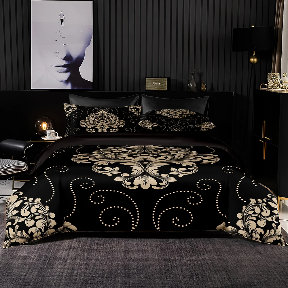 

Retro Light Luxury Style Duvet Cover Set,Double King Size Bed Quilt Cover with Pillowcases,black Faux Satin Bedding Set Queen