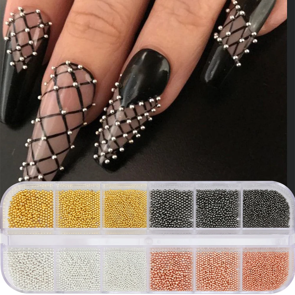 12 griglie Nail Caviar Beads Golden/Silvery Nail Art Metal Mini Round Steel Ball Beads Charms per unghie accessori per decorazioni fai da te