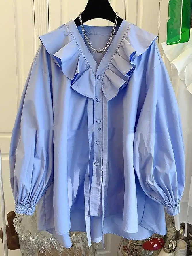 

2024 Women Spring Autumn New Ruffled Long Sleeve Shirts Female V-neck Solid Blouses Ladies Loose Single-breasted Shirt J77