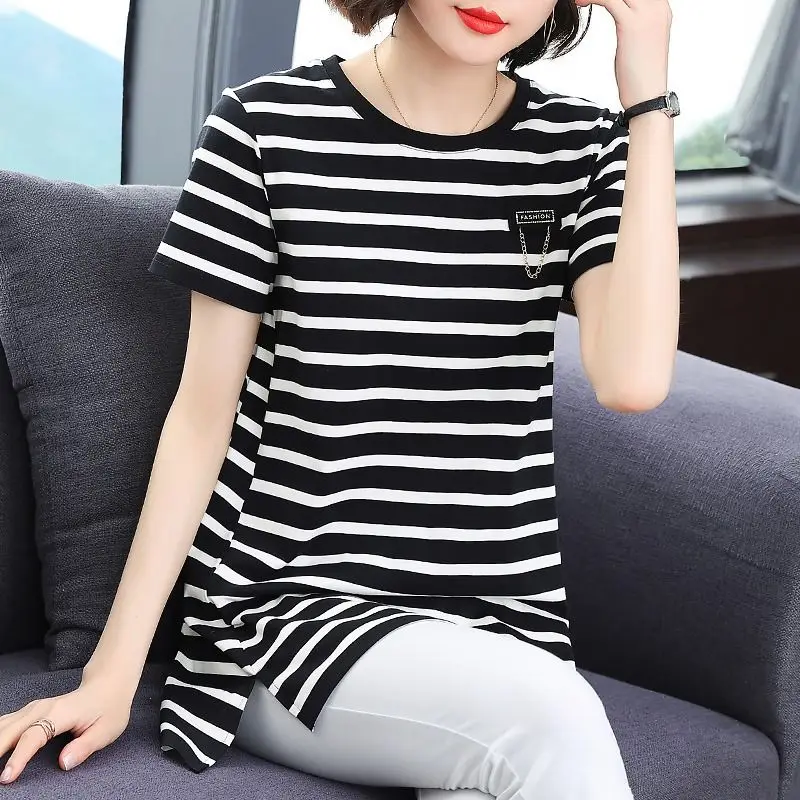 Black White Striped Short Sleeve 2024 New Summer Korean Fashion Irregular O-neck T-Shirt Women Clothing Casual Patchwork Top Tee