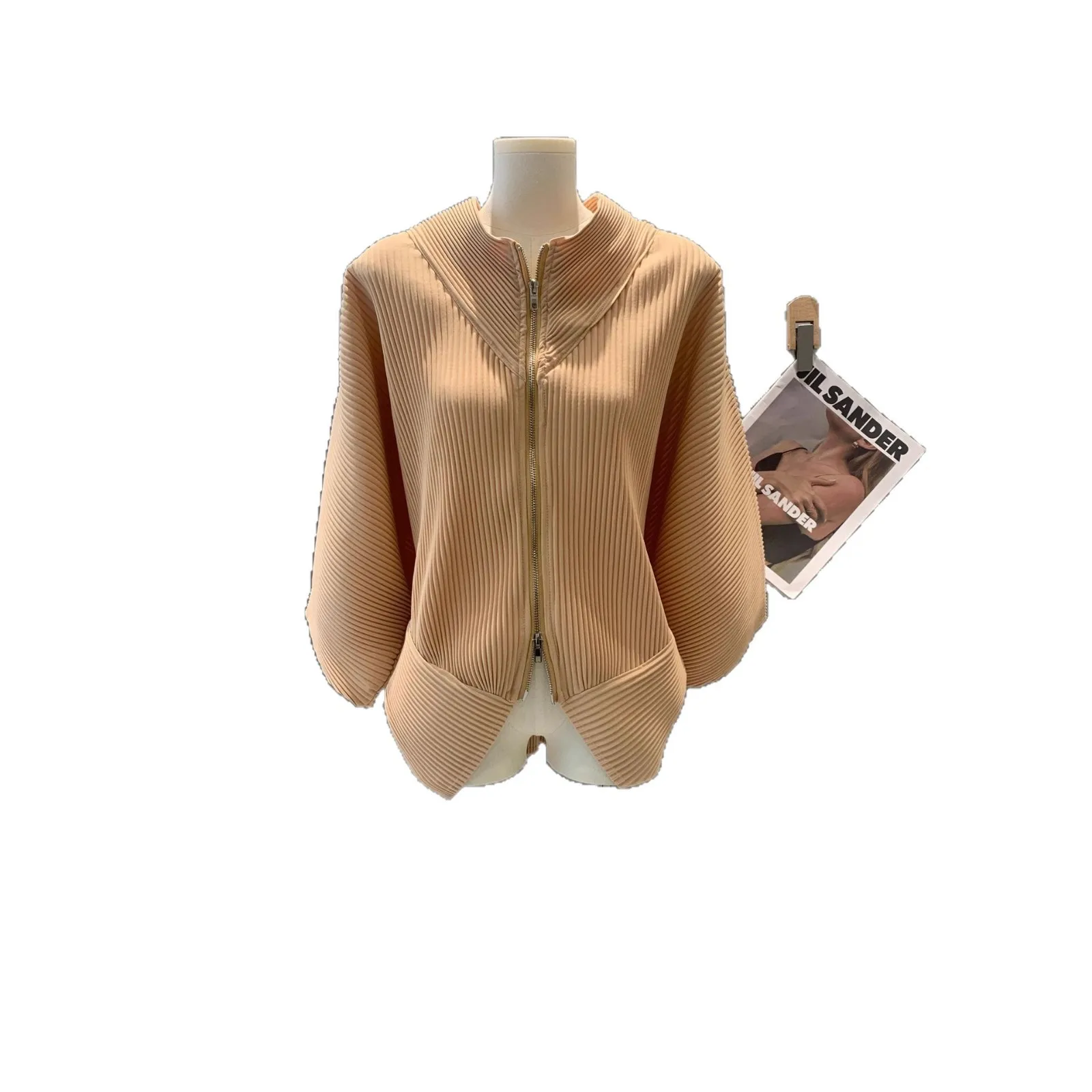 Miyake-chaquetas plisadas de manga tres cuartos para mujer, abrigos negros informales holgados con doble cremallera, novedad de otoño