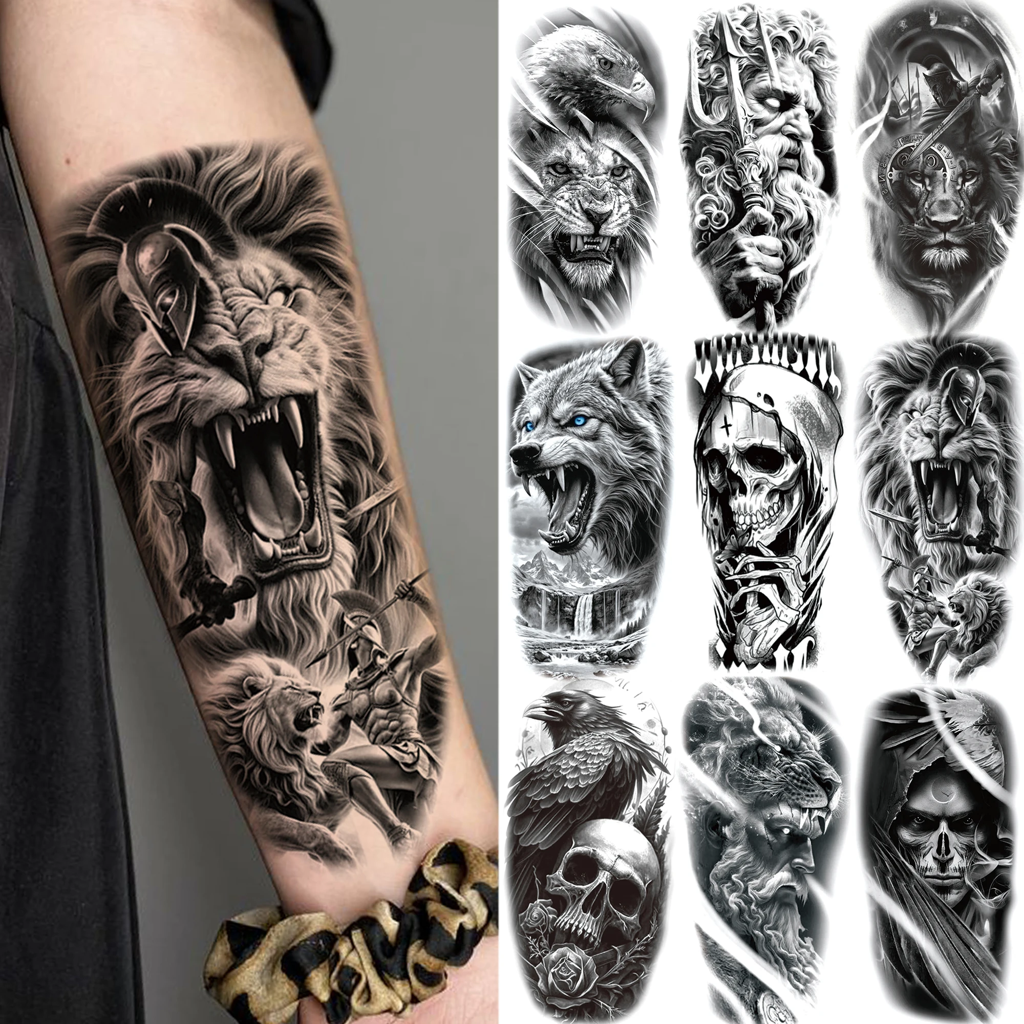 

1 Sheet Death Skull Lion Temporary Tattoos For Men Women Adults Fake Wolf Skeleton Tattoo Sticker Sleeve Black Zeus