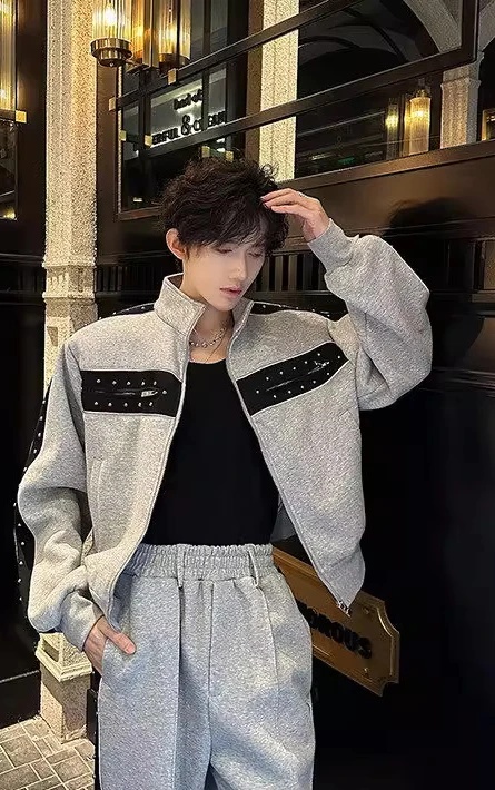 Men's 2025 Spring Autumn Trendy Two-Piece Sets Rivet Design Fashion 2pcs Contrast Color Sports Sweatshirts Wide-Leg Pants Sets