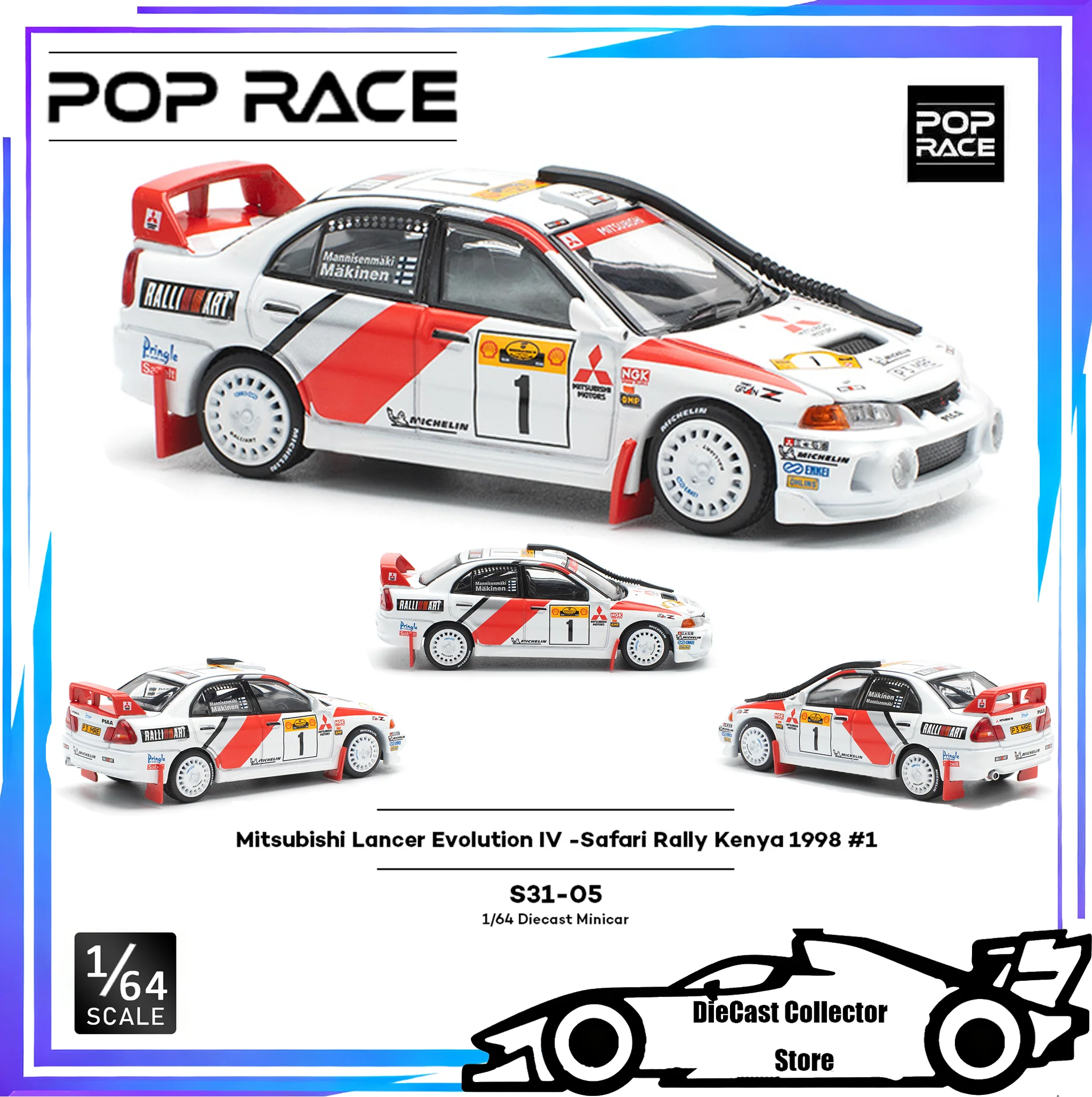 

POPRACE 1/64 Mitsubishi Lancer Evolution IV -Safari Rally Kenya 1998 #1 Alloy Car Model Children Gift