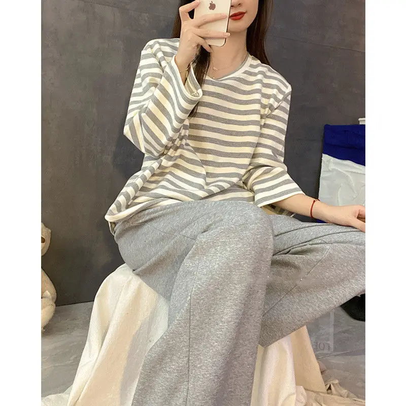 Damen-Herbst-Pyjama mit Brustpolstern, gestreift, langärmelig, Übergröße, O-Ausschnitt, schlicht, lässig, modisch, koreanischer Schulpyjama, Homewear – Detail 8