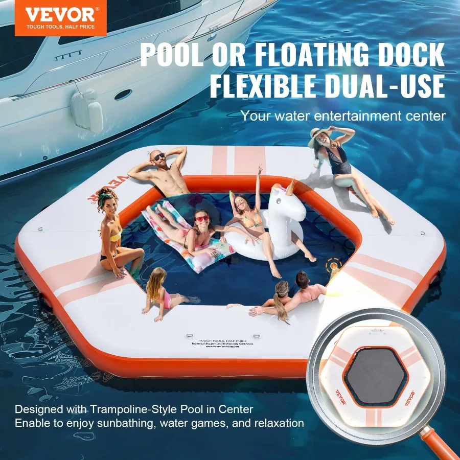 Inflatable Floating Dock ø8.5FT Trampoline Mesh Pool ø5FT Non-Slip Water Mat with Portable Bag and Detachable Ladder for Pool B