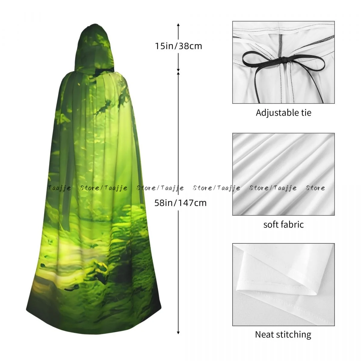 الكبار الغابات الخضراء الطبيعية الطحلب والأشجار عباءة كيب مقنعين القرون الوسطى زي الساحرة ويكا مصاص دماء هالوين فستان مُصمم حسب الطلب معطف