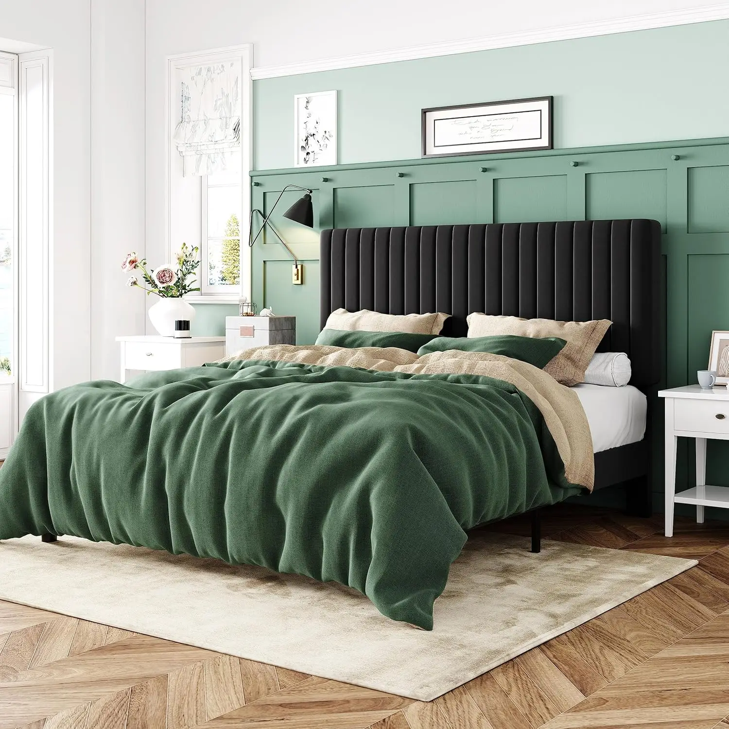 Velvet Upholstered Platform Bed with Vertical Channel Tufted Headboard, Mattress Foundation with Strong Wooden Slats