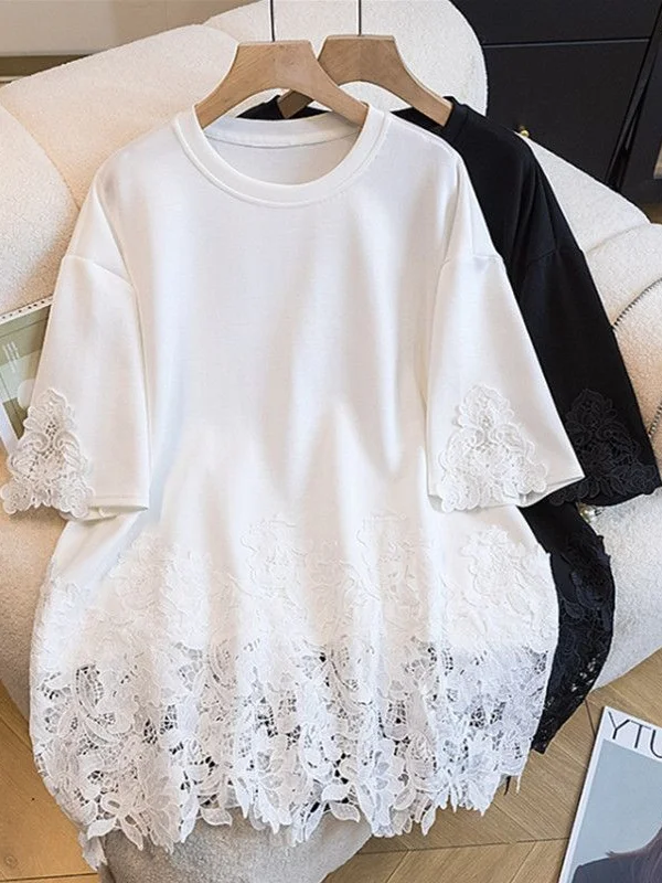 Korean Style Loose plus Size Short Sleeve T-Shirt round Neck Lace Splicing Pure Color Slimming Anti-Aging Versatile Women's Top
