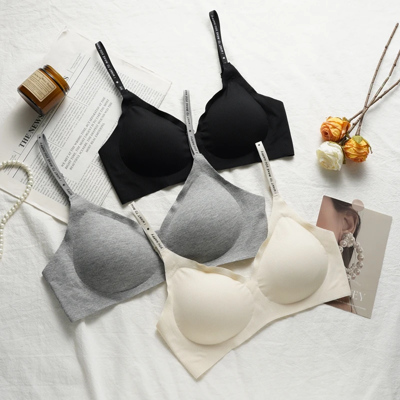 

Rib Seamless Wireless Sleep Bras Soft Women's Sexy Push Up Bralette Padded Comfortable Lingerie Letter Print Strap Bra Underwear
