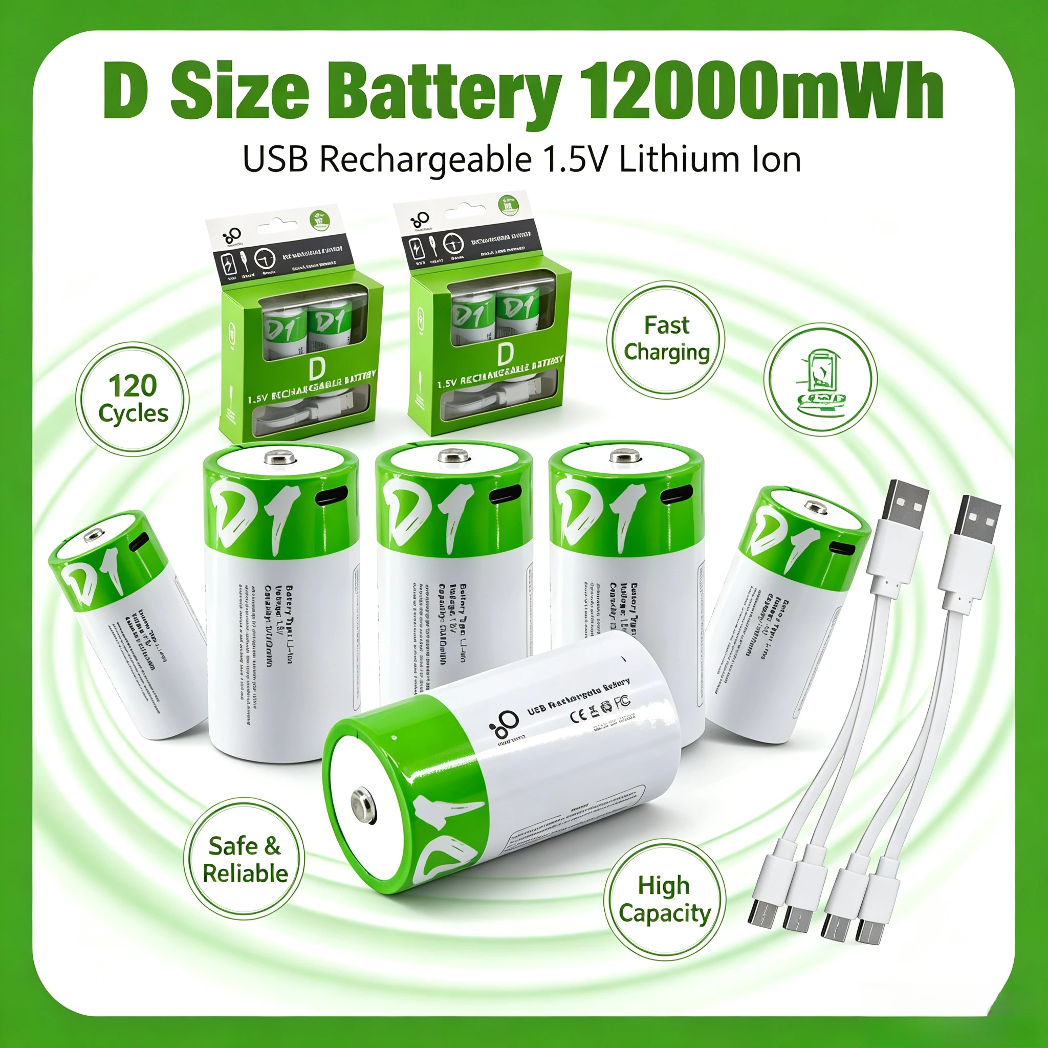 Akumulator litowy typu D 1,5V 12000mWh LR20 z kablem ładowania typu C, do latarki, kuchenek gazowych i podgrzewaczy wody — 2