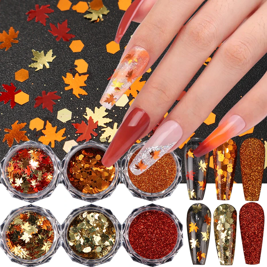 6 Flaschen/Set Ahornblatt-Pailletten, Maillard-Stil, Nagelglitzer, Sechseck-Pulver, Pigmentstaub, Y2K, wunderschöne Herbst-Nagelkunst-Dekoration