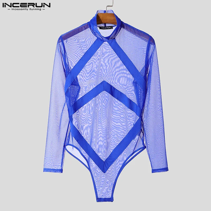 Moda casual macacões masculinos incerun perspectiva malha emenda cinta design bodysuit sexy masculino venda quente fino homewear S-3XL