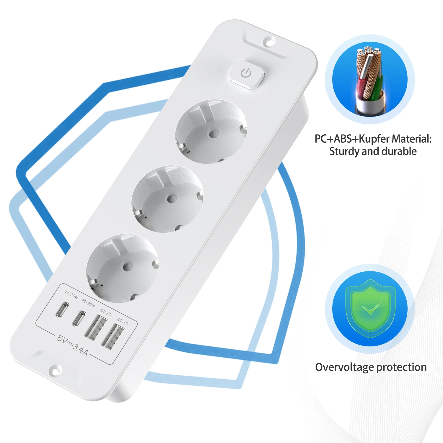 EU Table Top Recessed Sockets Bulit in Sockets with 2 USB 2 Type C PD20W Embedded Desktop Hidden Power Outlet for Furniture