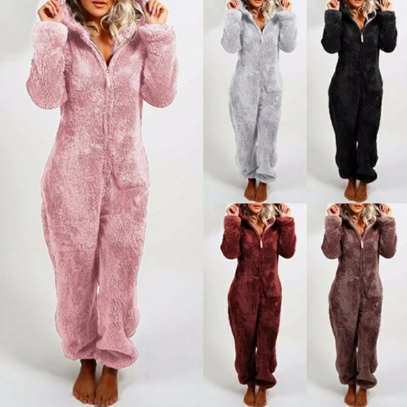

2025 New European and American Autumn and Winter Women's Clothing with Thick Woolen Jumpsuit and Hooded Pajamas
