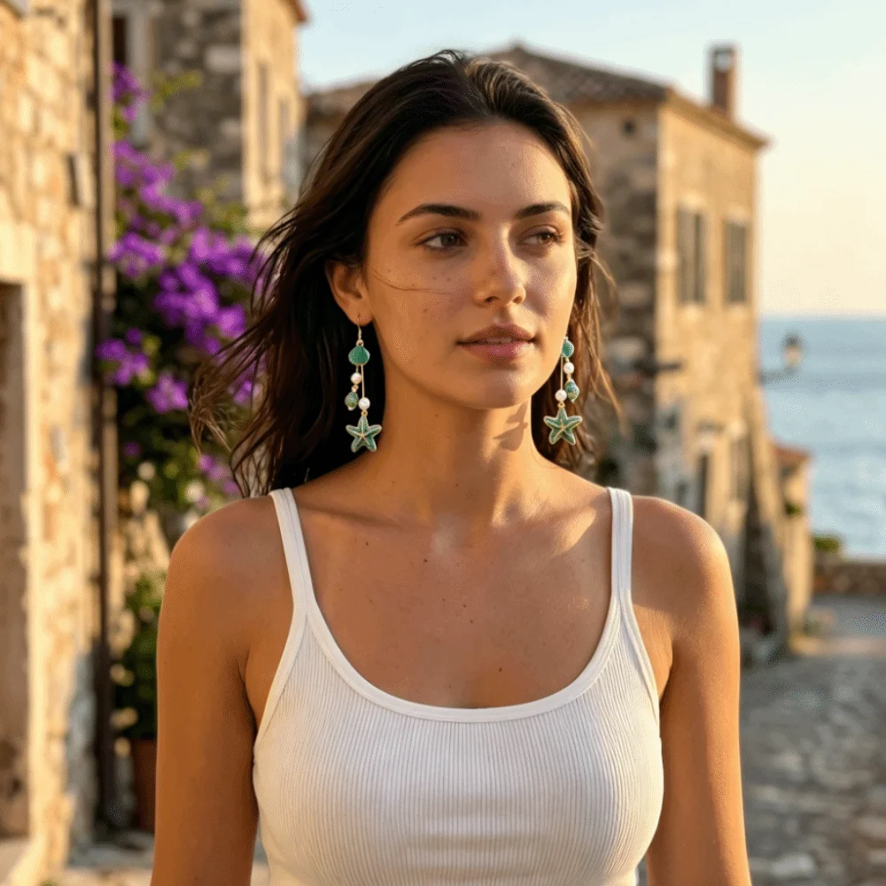 Casual Wear Alloy Starfish Drop Earrings Conch Elegant Enamel Earrings Geometric Shape Shell Long Tassel Earrings Daily Wear