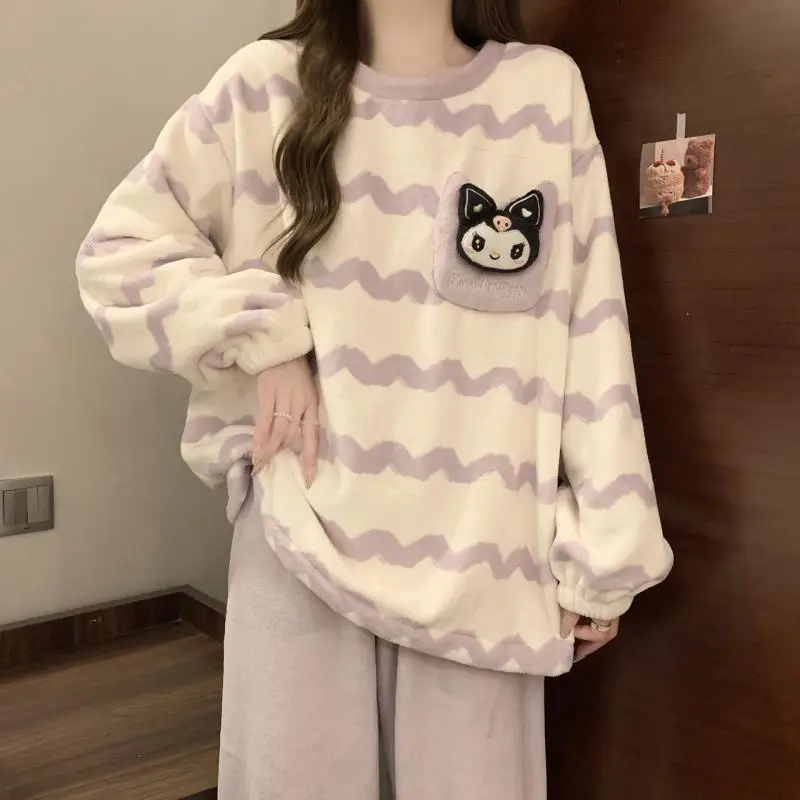 Kuromi's Popular Coral Fleece Pajamas for Women In Autumn Winter with Thick Fleece Cute Home Clothing Set Cartoon Comfortable