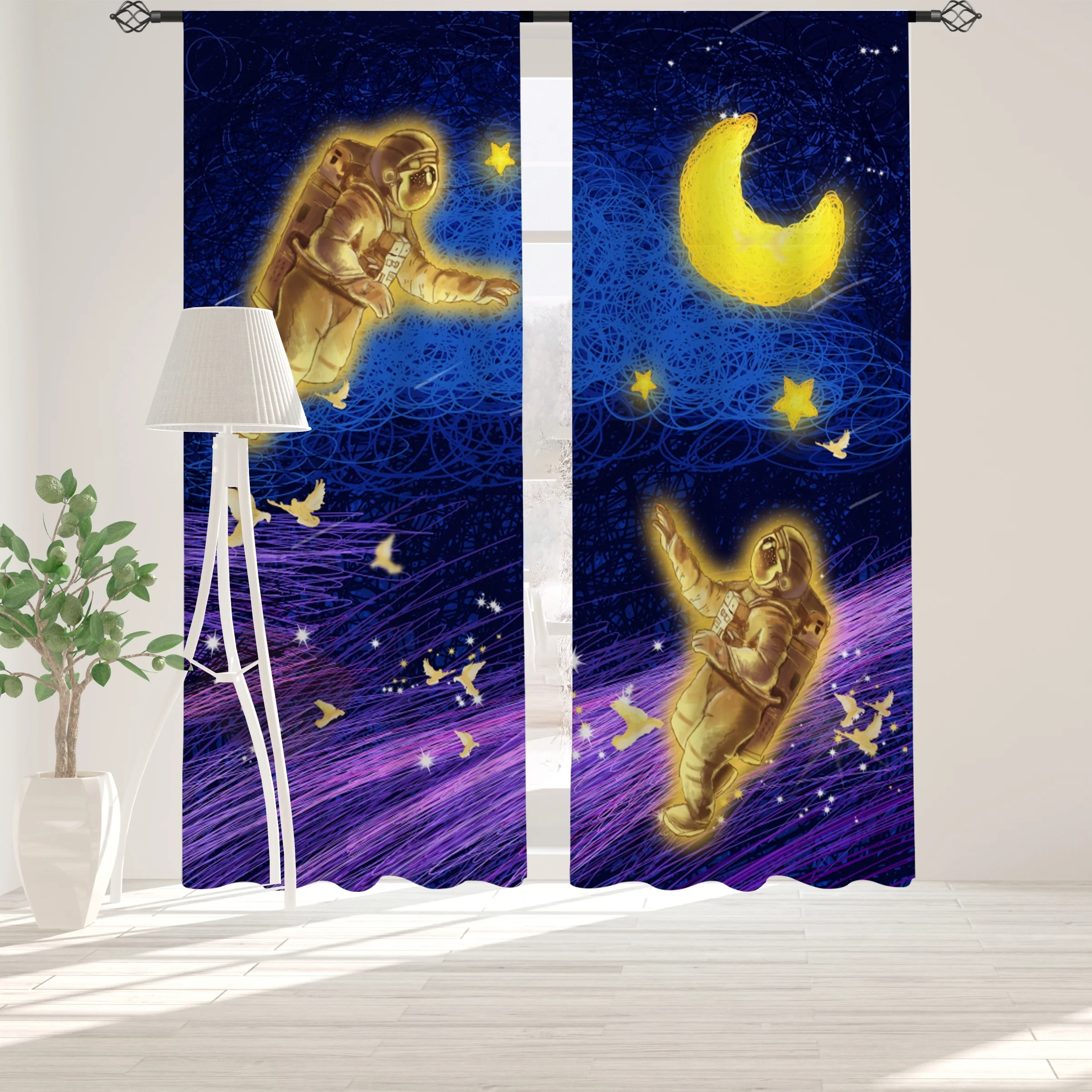 Golden Astronaut Curtains, Space Galaxy Moon Print Drapes, Kids Room Sci-Fi Decor for Window Treatment