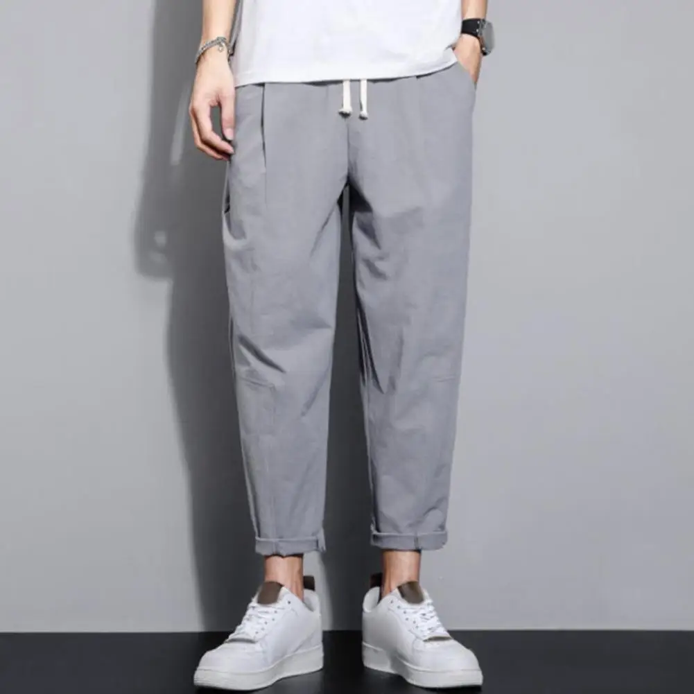 Casual Men Trousers Japanese Style Wide Leg Men's Ninth Pants with Drawstring Elastic Waist Side Pockets Retro Gym Traning