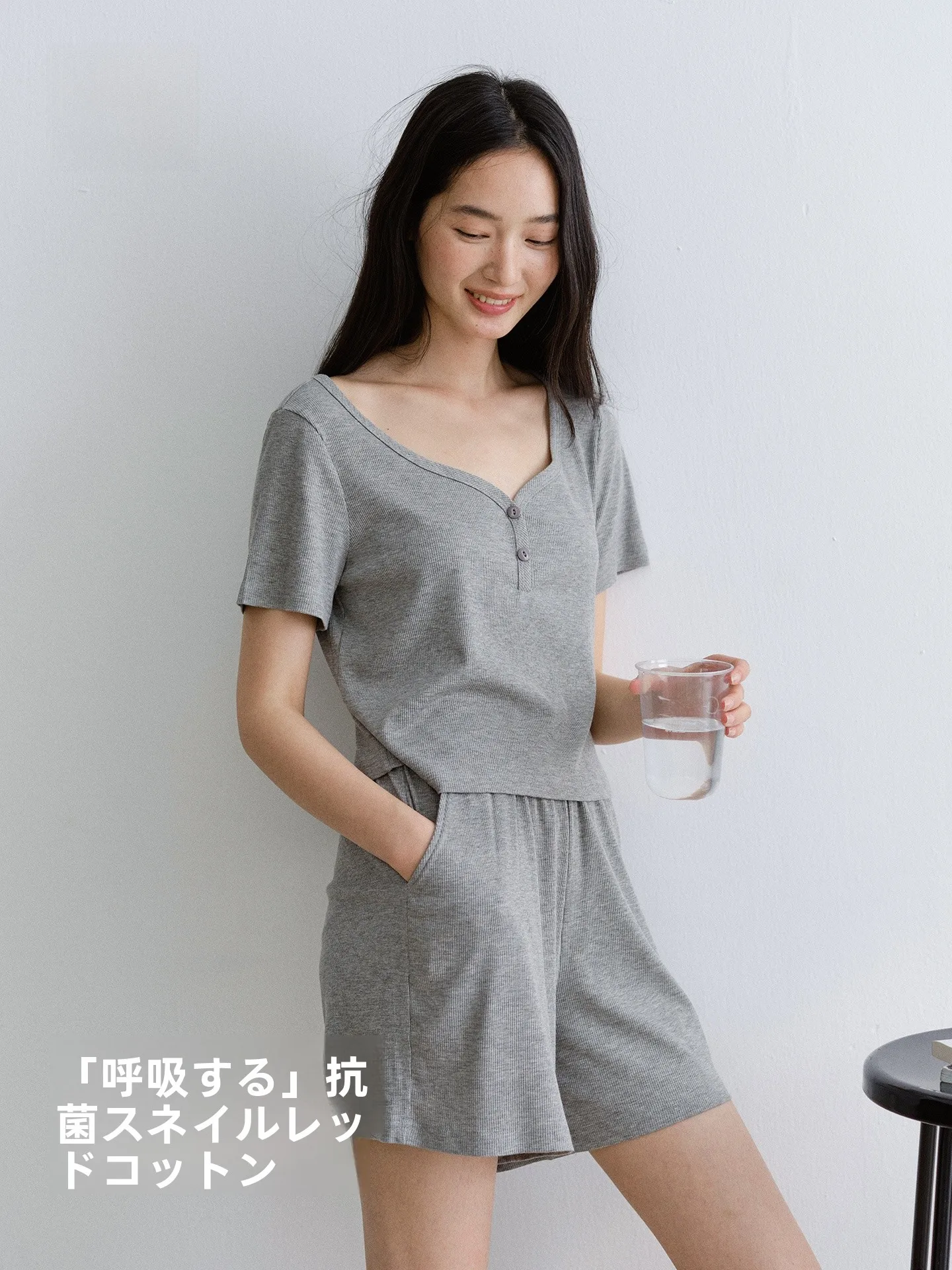 summer-lightweight-women's-sleepwear-set-short-sleeve-ribbed-cotton-v-neck-home-clothes-breathable-comfortable-antibacterial