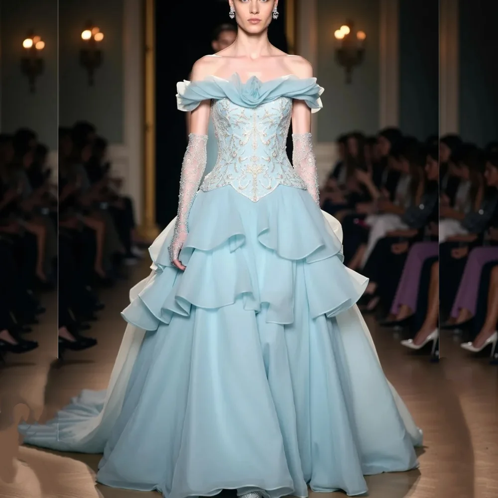 

Customized High Quality Organza Sequined Pleat A-line Off-the-shoulder Long Dresses Bespoke Occasion Sparkle