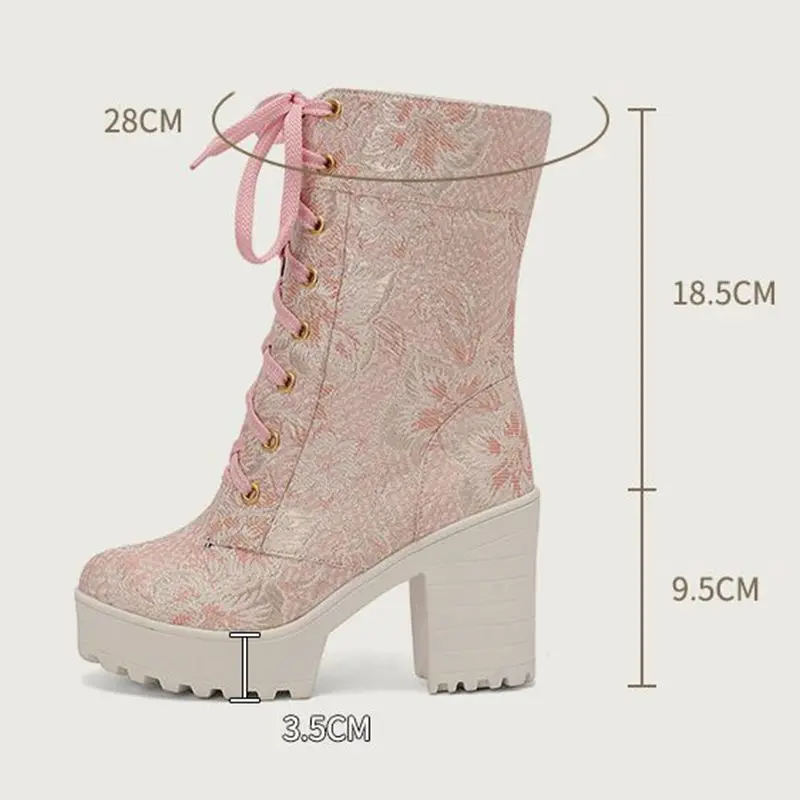 

SIMLOVEYO Female Mid Calf Boots Round Toe Chunky Heels 8cm Lace Up Big Size 41 42 43 Fashion Daily Women Bota