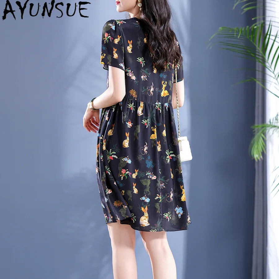 AYUNSUE 100% Mulberry Silk Women's Dresse Print Elegant Dress Woman Clothes High Quality Summer New in Dresses Vestidos De Mujer