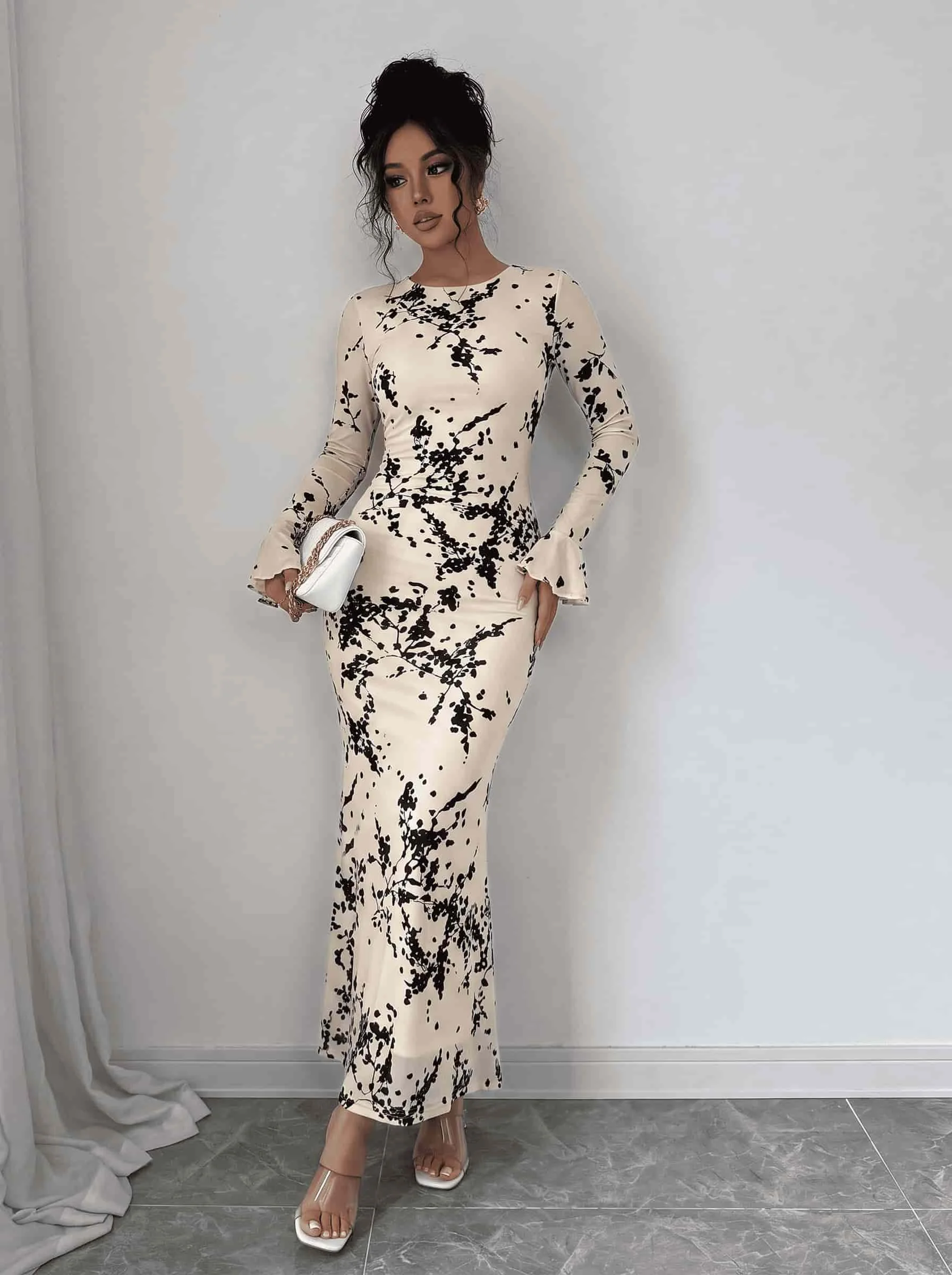 Damen Mesh Langarm Blumenmuster Maxikleid mit ausgestellten Ärmeln, figurbetontes Meerjungfrauenkleid, elegantes Abendkleid für Party und Clubwear. – Detail 13