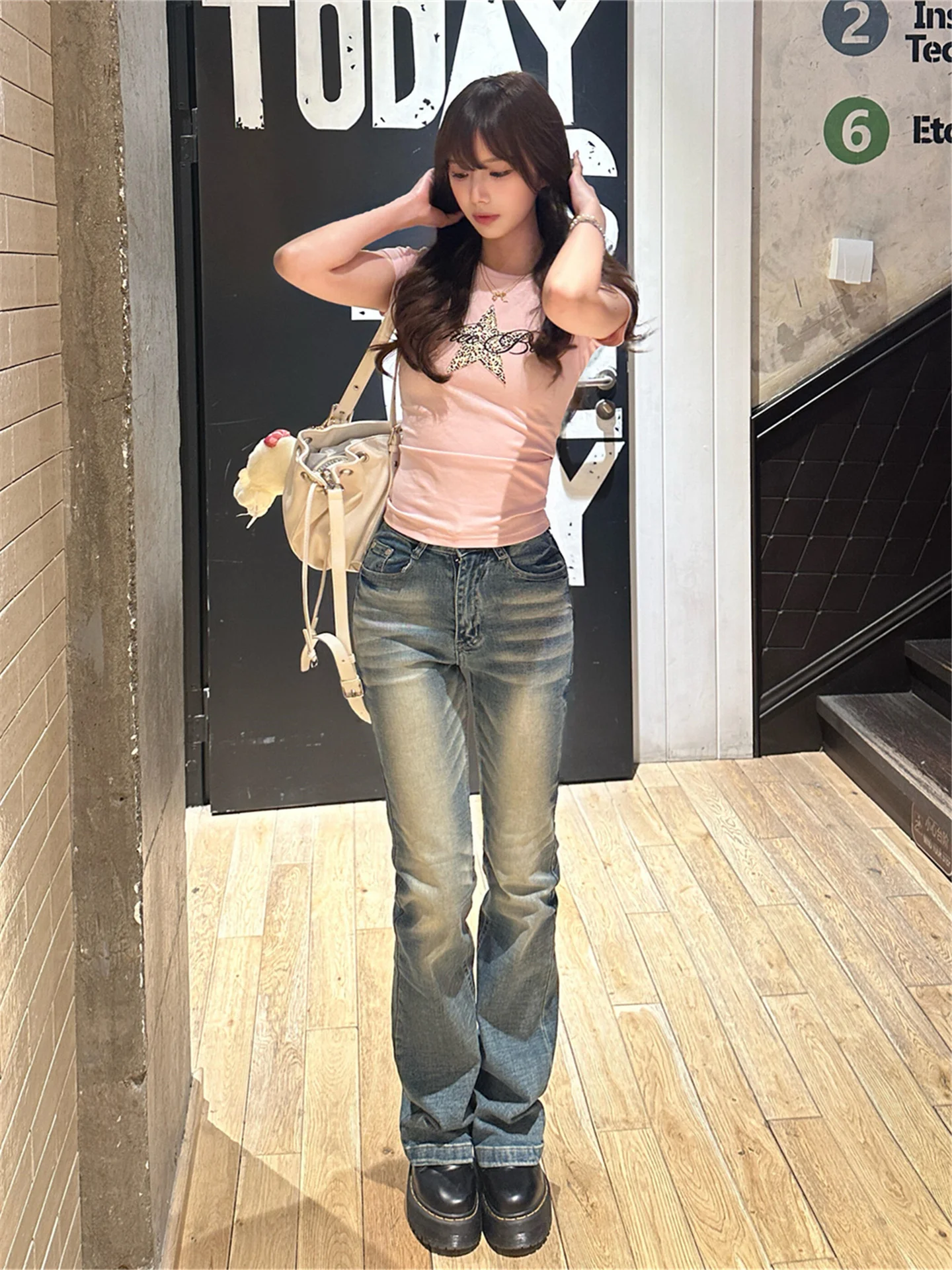 

Американские ретро-джинсы клеш с низкой посадкой, эффектом потертости, для женщин, весна-лето, облегающие, длинные в пол, повседневный стиль