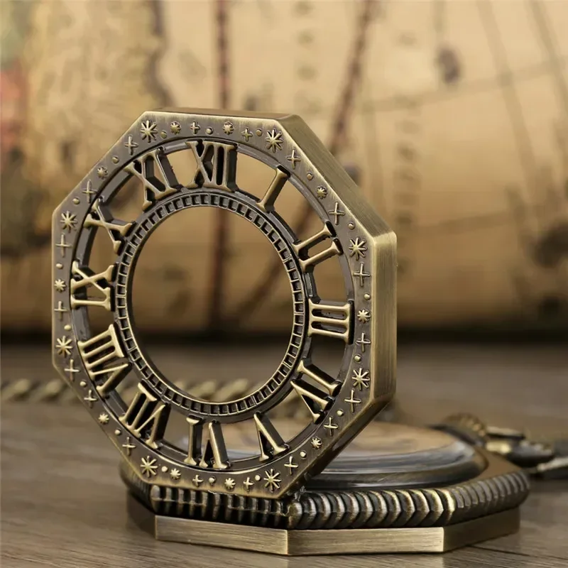 Vintage Hollow Octagon Design Men Women Skeleton Handwinding Mechanical Pocket Watches Roman Number Clock Pendant Chain Gift