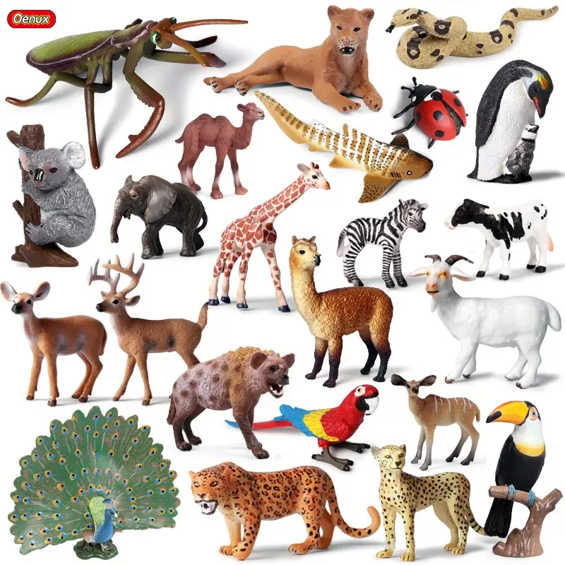 Oenux Original Wild Animals Leopard Lion Model Action Figure Alpaca Peacock Spider Figurines Miniature Collection Toys For Kids
