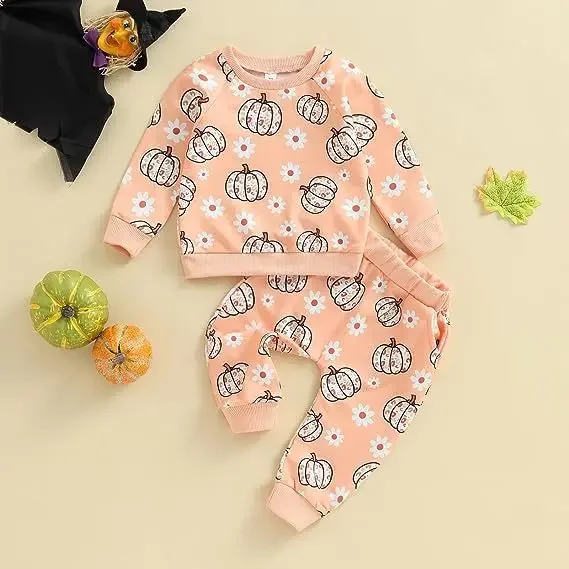 

Autumn Halloween Toddler Baby Girl Fall Outfit Flower Pumpkin Print Long Sleeve Sweatshirts Elastic Waist Pants Clothes