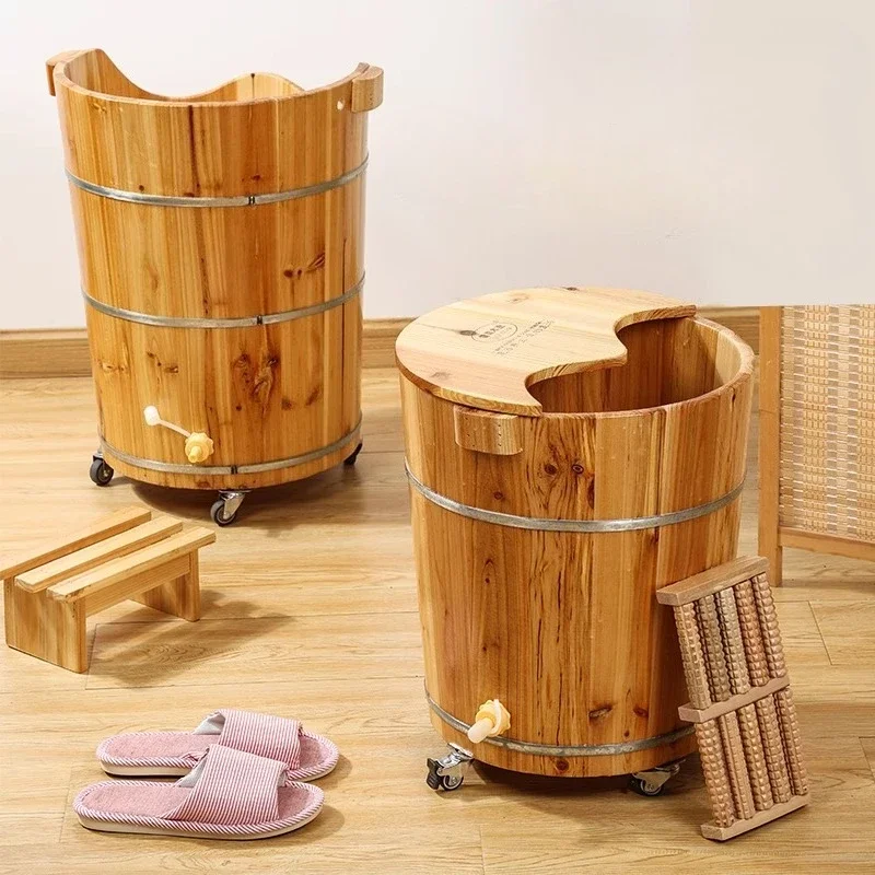 Wooden Foot Bath Tub with Herbal Steam Extra Deep Over Calf Soaking Basin Home Spa Essentials for Detox & Relaxation
