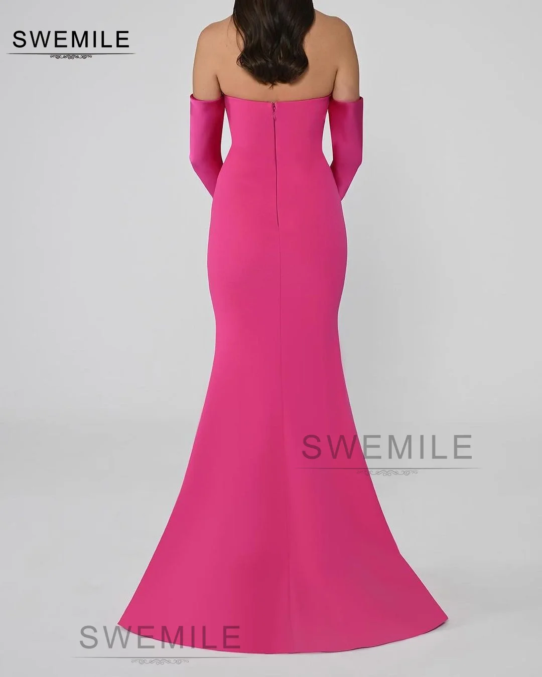 SWEMILE Rose Red A-Line Chiffon Strapless Long Sleeves Sweep Train Evening Dress Wedding Party Dress Vestidos Para Eventos Espec