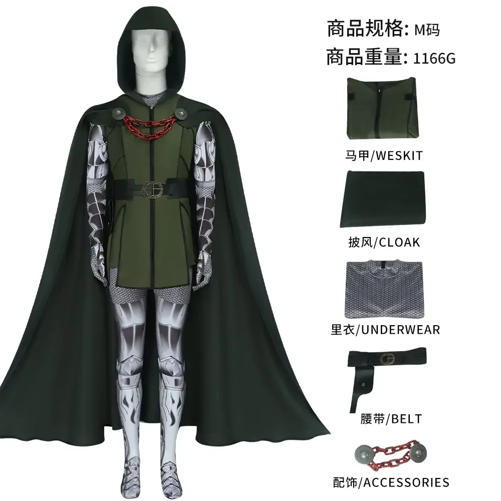 Halloween Party Doom Doctor Cosplay Outfit Green Vest Jumpsuit With Cape Set For Adult Carnival Fancy Dress Performance Event