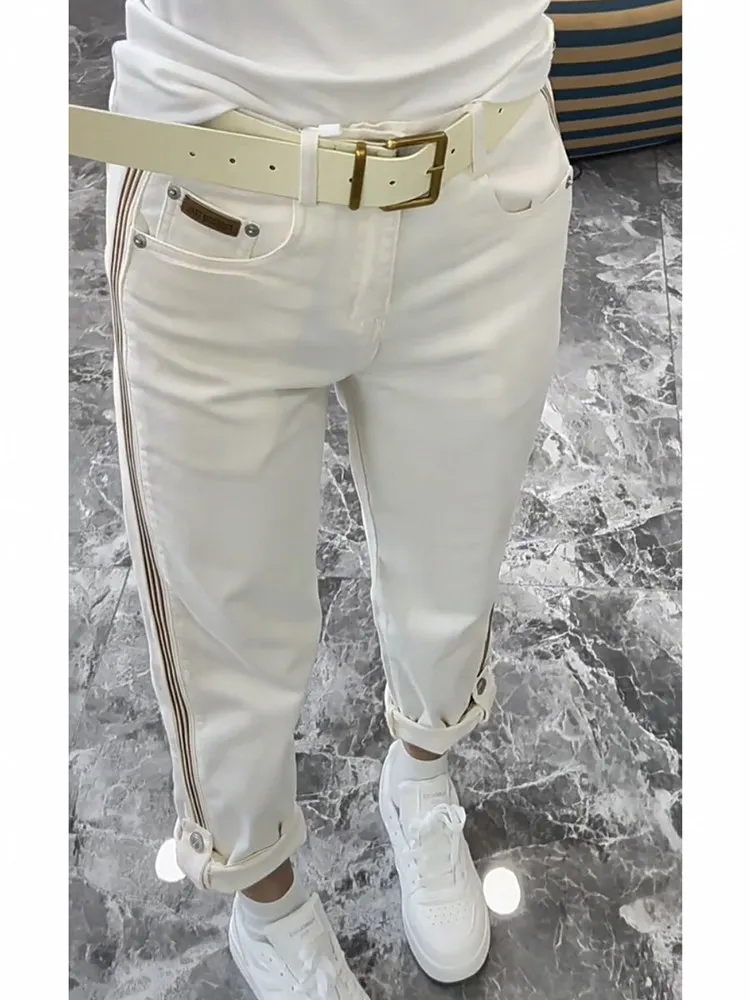 

Slimming High Waist Stripe Vertical Harem Pants Women's Faionable Nine Points Large Size Jeans Cotton Polyester Blend