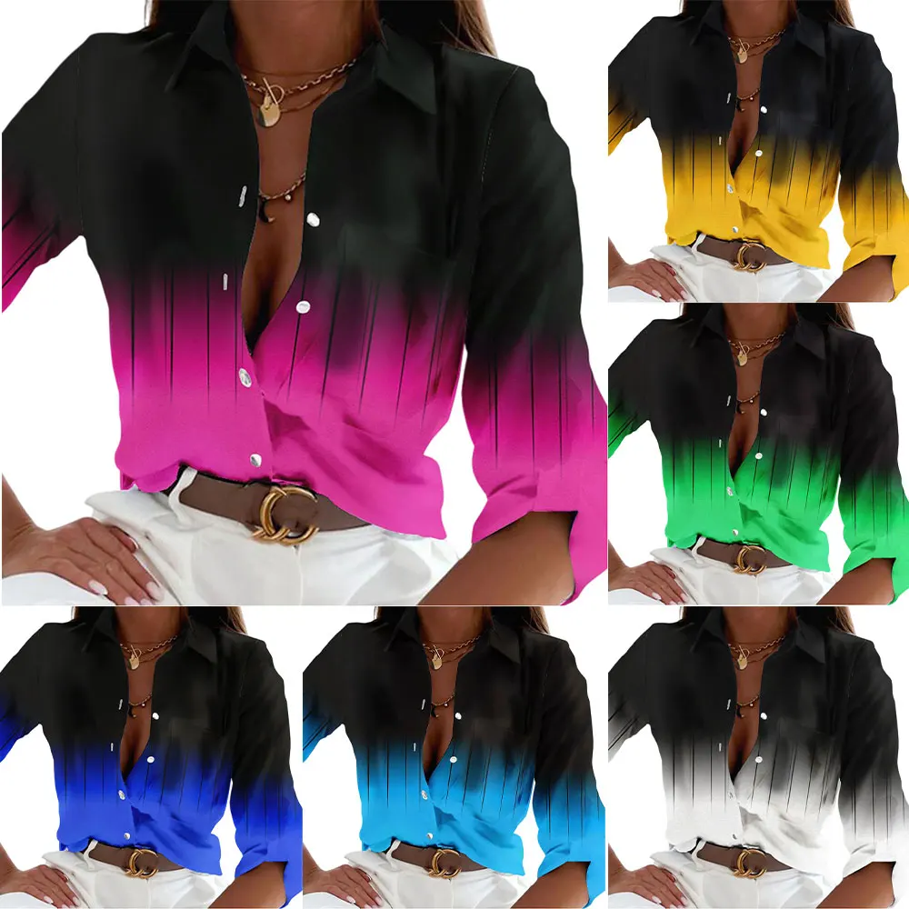 

Elegant Shirts Women Casual Button Gradient Button Print Lapel Blouses Shirts Autumn Winter Long Sleeve Loose Tops