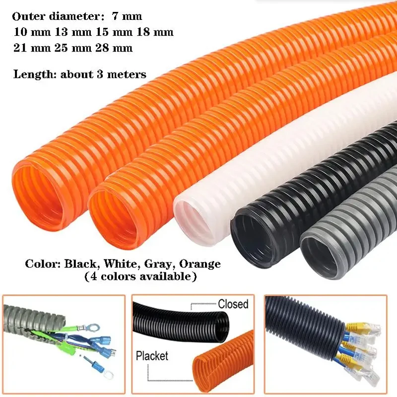 3M Black/White/Gray/Orange PP Insulated Corrugated Pipe Wire Threading Hose Plastic Corrugated Pipe Protective Sleeve 7mm-28mm