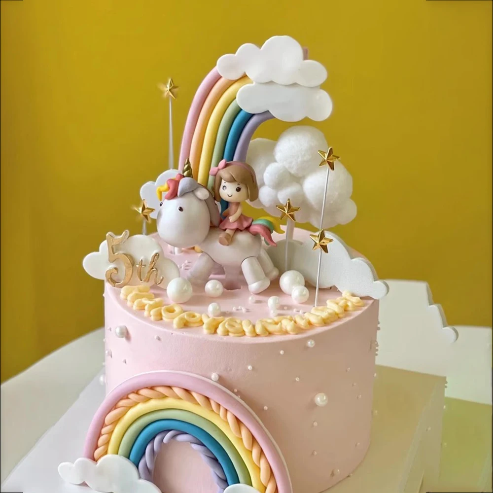 Unicorn Star Cake Toppers Colored Rainbow Clouds for Birthday Rainbow Themed Cake Decoration Girl\'s Years Old Party Supplies