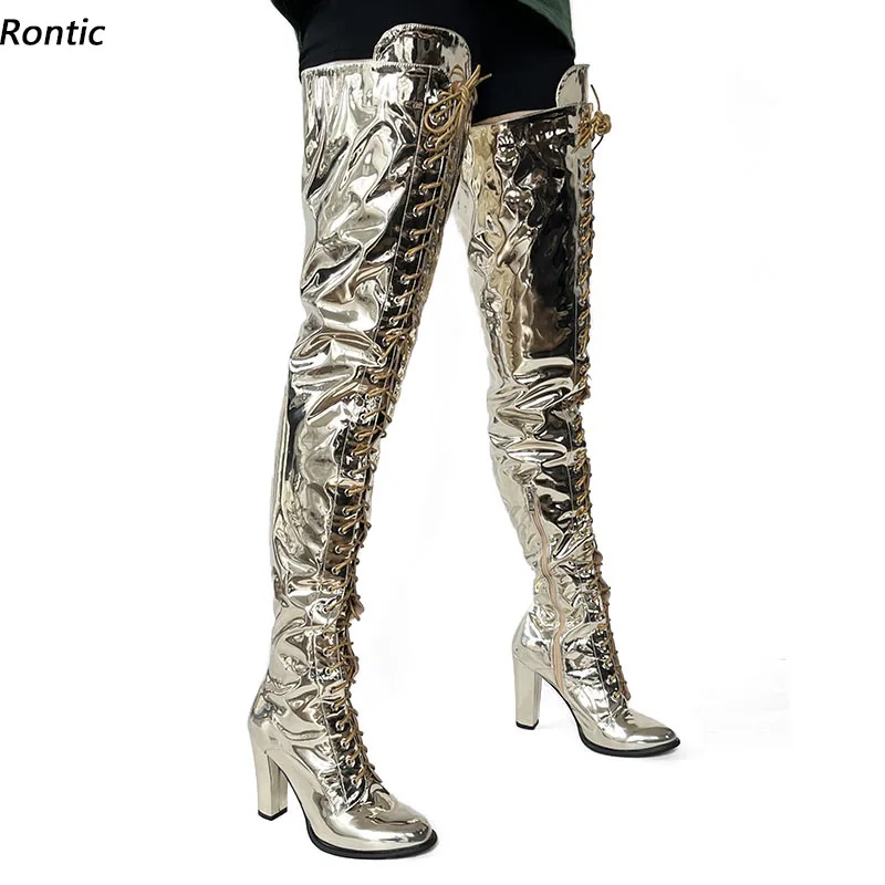 

Rontic Handmade Ladies Winter Thigh Boots Patent Chunky Heels Round Toe BeautifulLight Gold Party Shoes US Plus Size 5-20