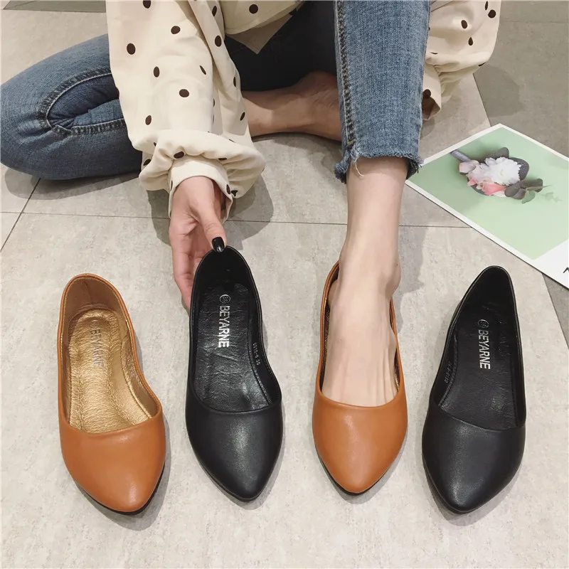 2023 Women\'s Shoes Leather Soft Sole Candy Shallow Mouth Single Shoes Flat Heel  Shoes Slip on Plus Size Mature Zapatos De Mujer