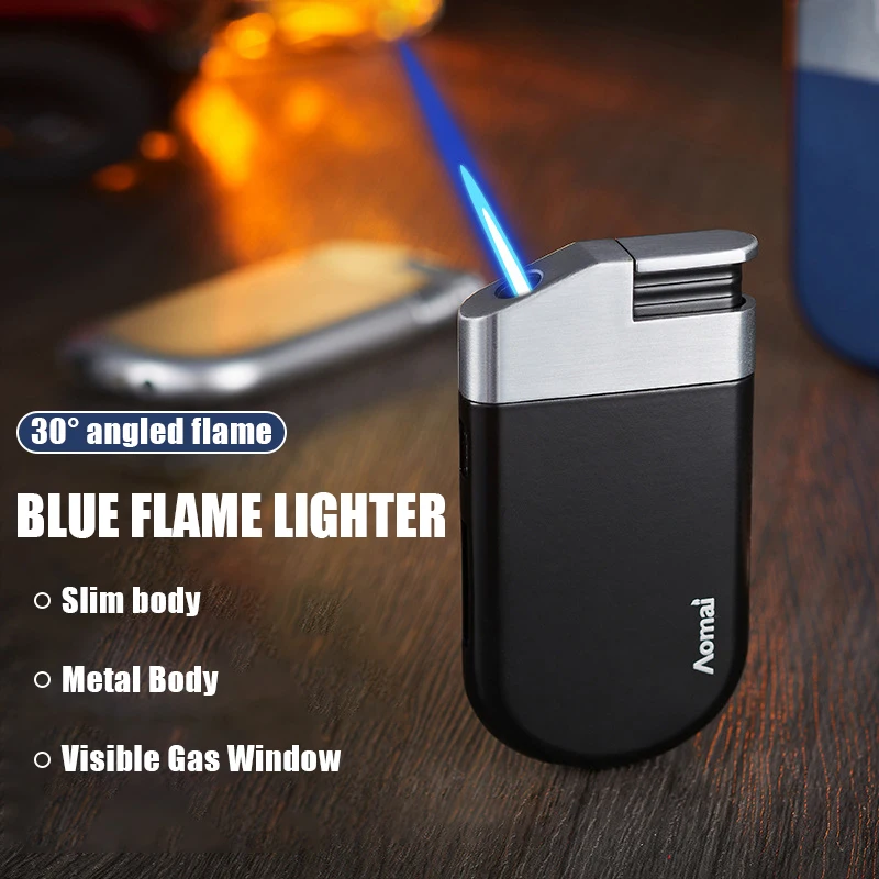 Creative Slanting Blue Flame Inflatable Lighters 30 ° Slanting Flame Visual Gas Window Metal Body Compact and Portable