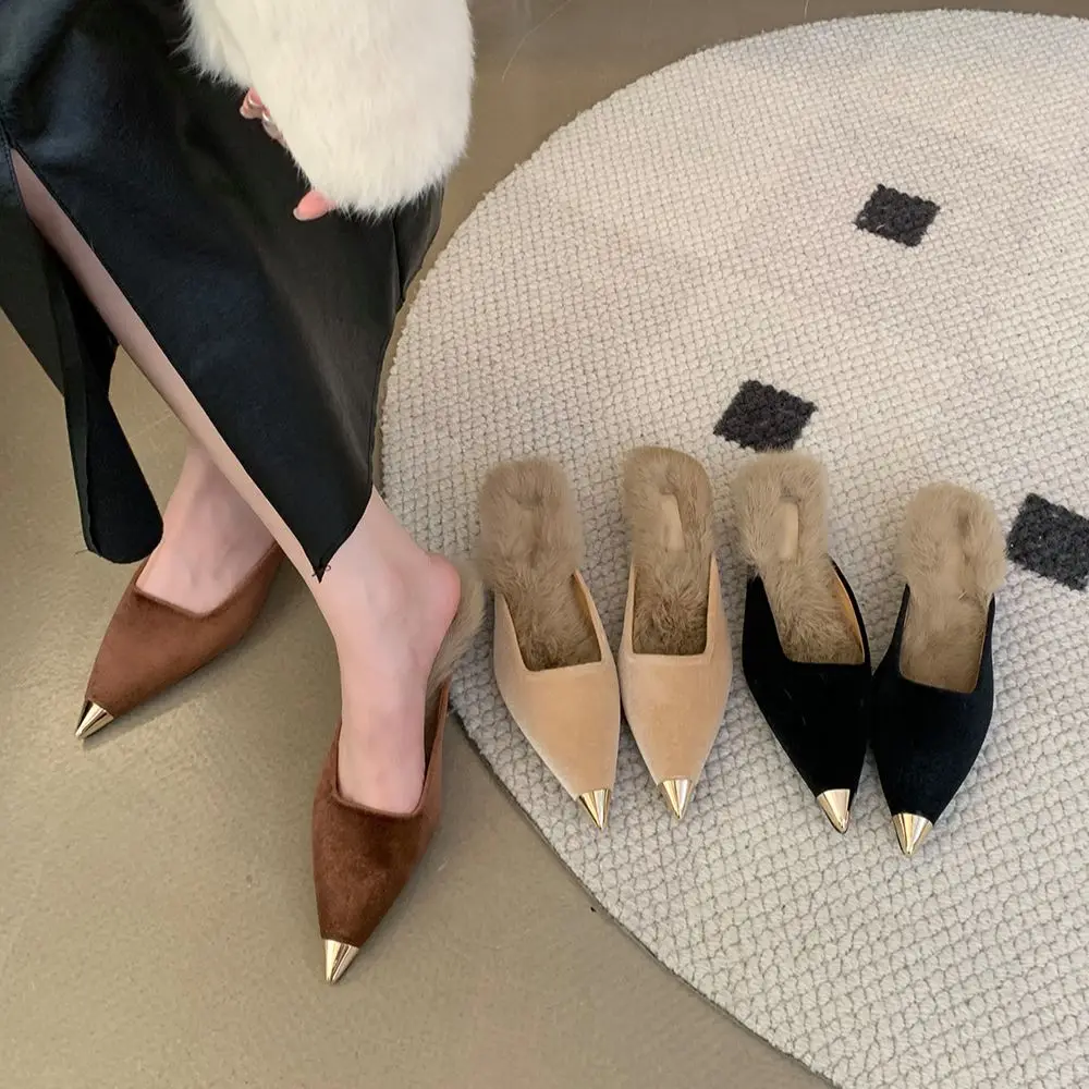 Flock Women Slides Slippers Pointed Toe Outside Slides Thin Low Heels Beige Brown Black 2023 New Arrivals Casual Dress Sheos 39