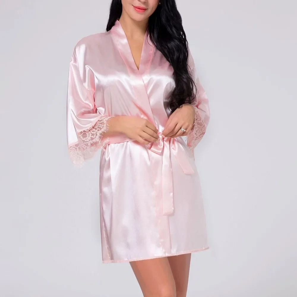 Women Iace Silk Pajamas Robes Sleepwear Nightgowns Half Sleeve Nightdress Black Lace Bathrobe Smooth Soft Pure Color 2023