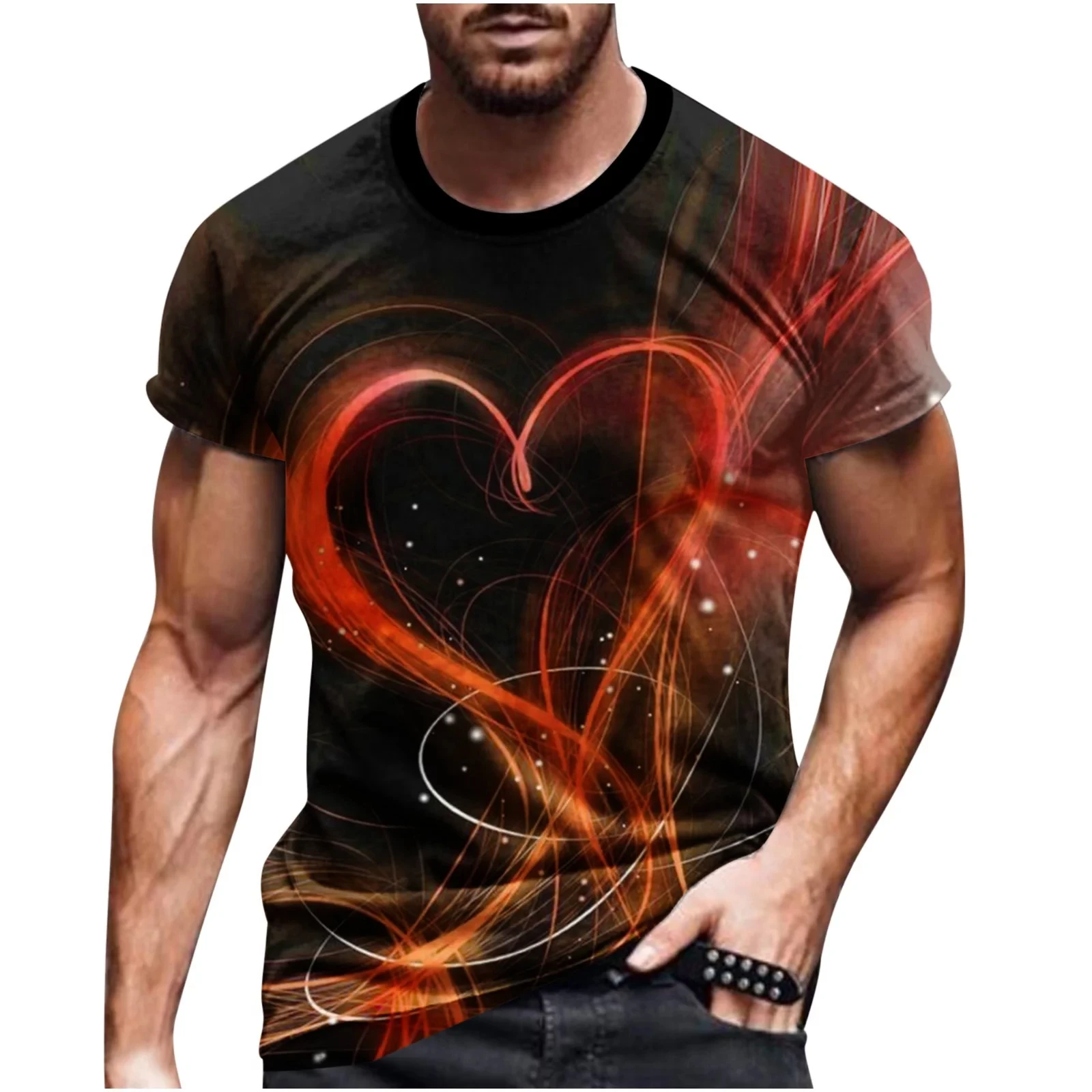 Mens Shirts 3D Digital Dazzled Line Printing Round Neck Short Sleeve Tops Summer Casual Slim Fit Workout Athletic T Shirt