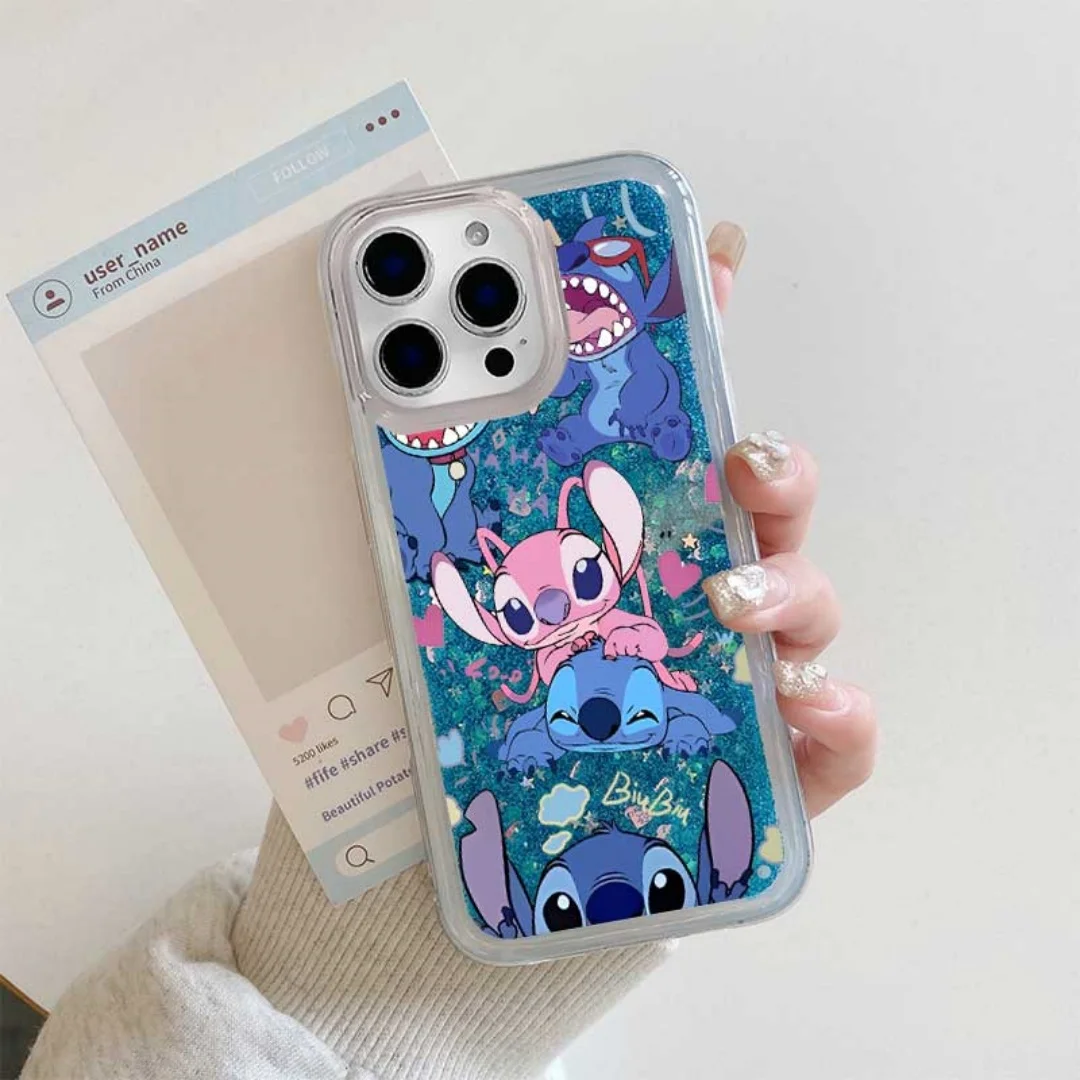 

Cute Stitch Angel Couple Love Phone Case For IPhone 17 16 15 14 13 12 11 Pro Max 14 Plus 17 Air 16E Blue quicksand glitter Cover