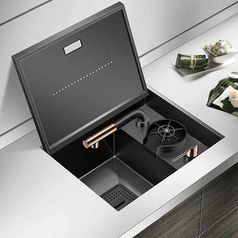 

Hidden Bar Island kitchen Sink 304 Stainless Steel Flip Cover Hidden Handmade Small Size kitchen Sinks With Cup Rinser